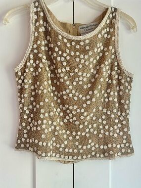 ADRIANNA PAPELL OCCASIONS 100% SILK FULLY LINED TAN BEADED EVENING  TOP, SZ 8P
